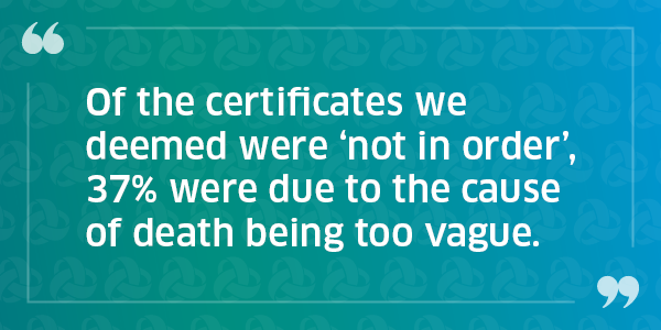 Quote graphic: "Of the certificates we deemed were 'not in order', 37% were due to the cause of death being too vague.